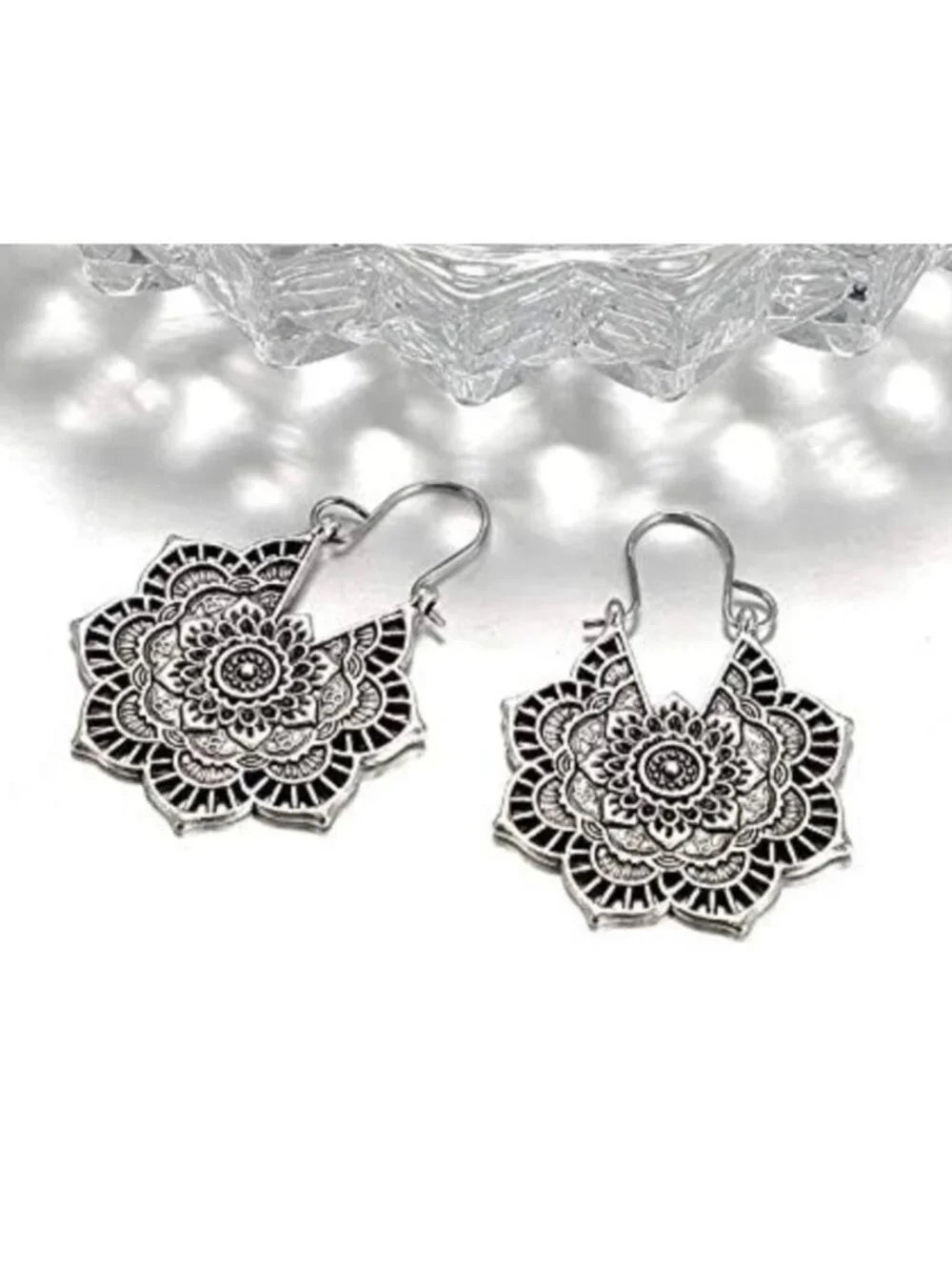 Mandala Style Silver Drop Earrings Lightweight Boho Floral Design